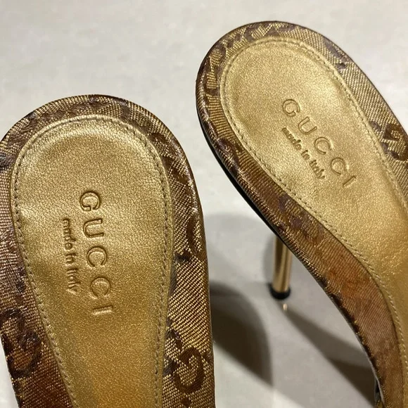 GUCCI Crystal Horsebit GG Heeled Monogram Gold Stiletto Mules size 8 & dust bag - Picture 8 of 17